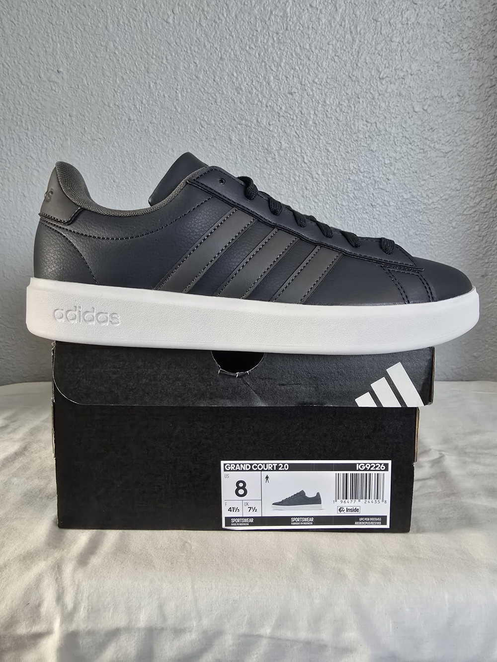 adidas Grand Court 2.0 Leather Low-Top Sneaker in Black Grey and White